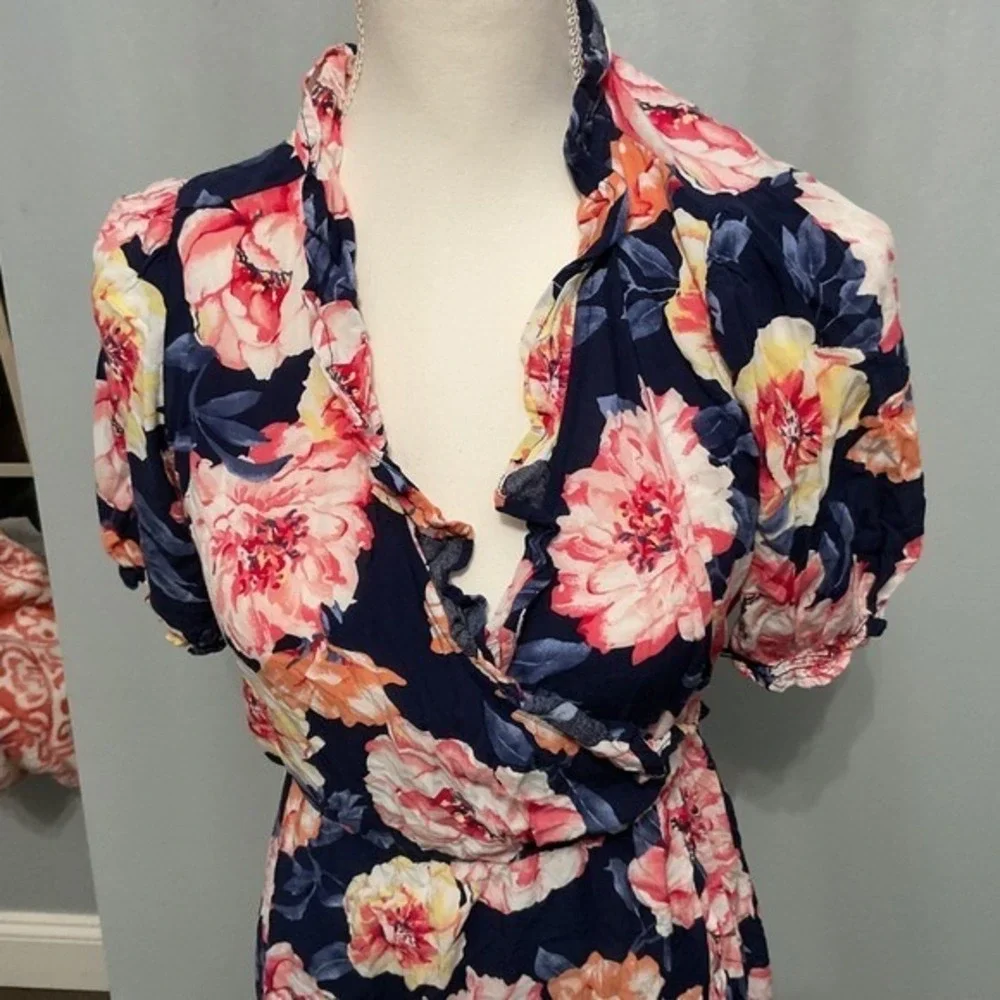 Old Navy Womens Floral Print Navy Blue Midi‎ Wrap Dress Size S